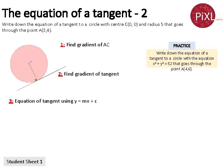 The equation of a tangent - 2 Write down the equation of a tangent