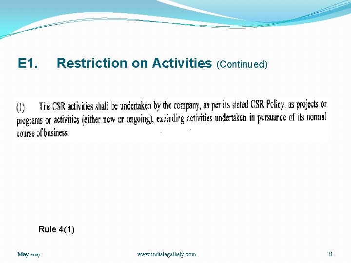 E 1. Restriction on Activities (Continued) Rule 4(1) May 2017 www. indialegalhelp. com 31