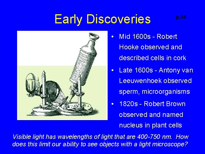 Early Discoveries p. 54 • Mid 1600 s - Robert Hooke observed and described