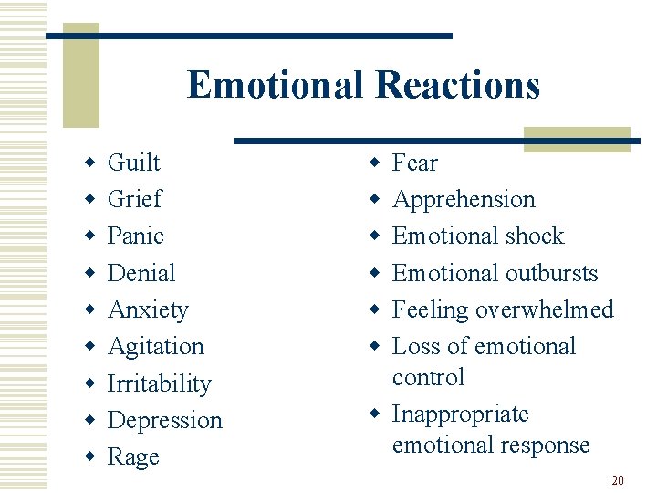 Emotional Reactions w w w w w Guilt Grief Panic Denial Anxiety Agitation Irritability