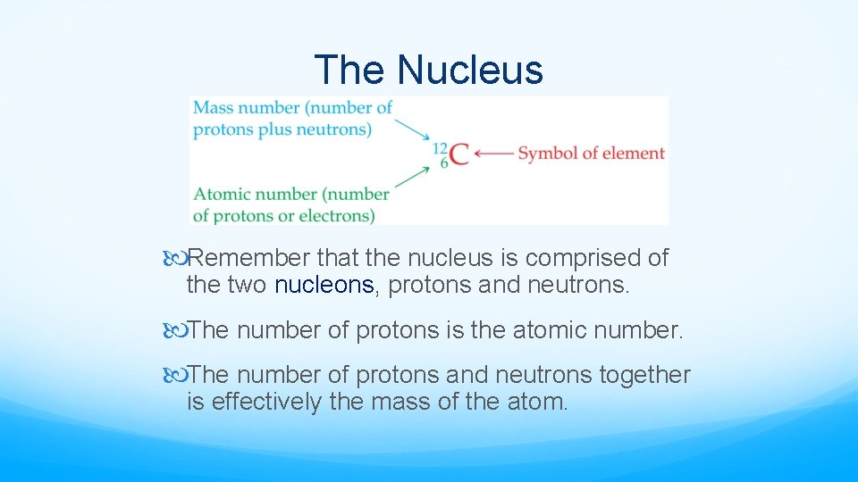 The Nucleus Remember that the nucleus is comprised of the two nucleons, protons and