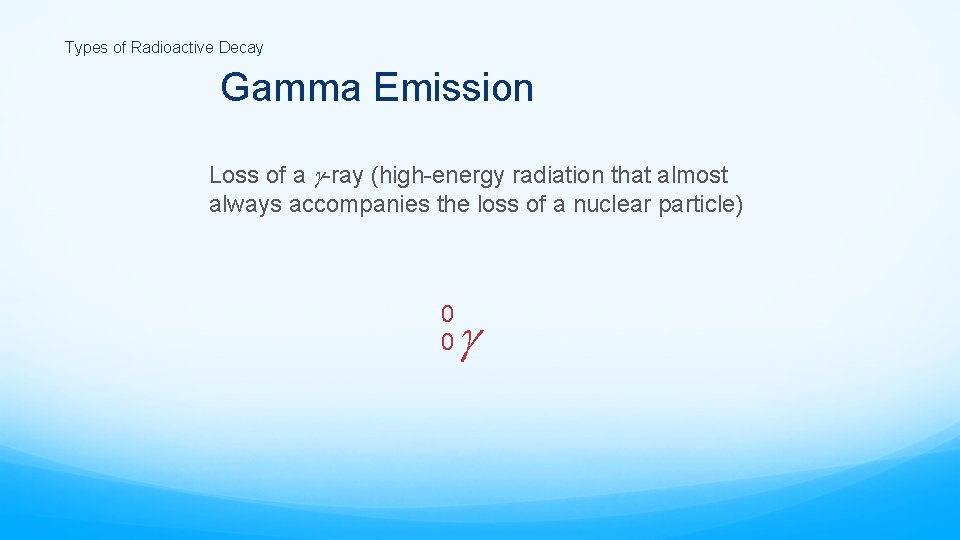 Types of Radioactive Decay Gamma Emission Loss of a -ray (high-energy radiation that almost