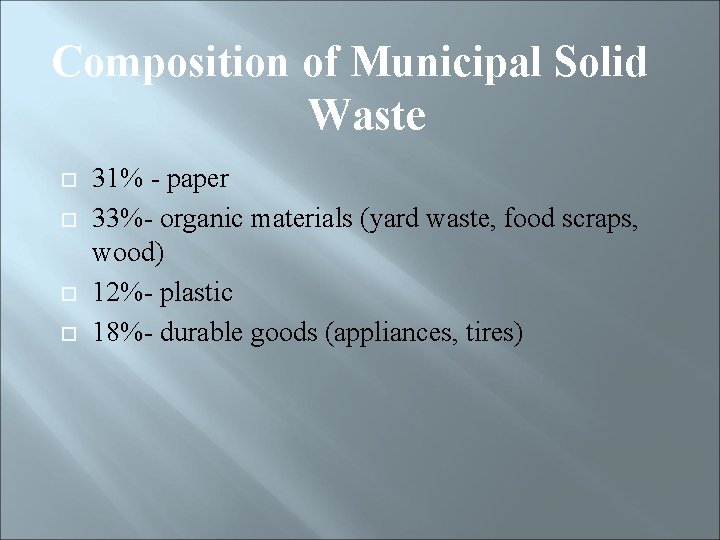Composition of Municipal Solid Waste 31% - paper 33%- organic materials (yard waste, food