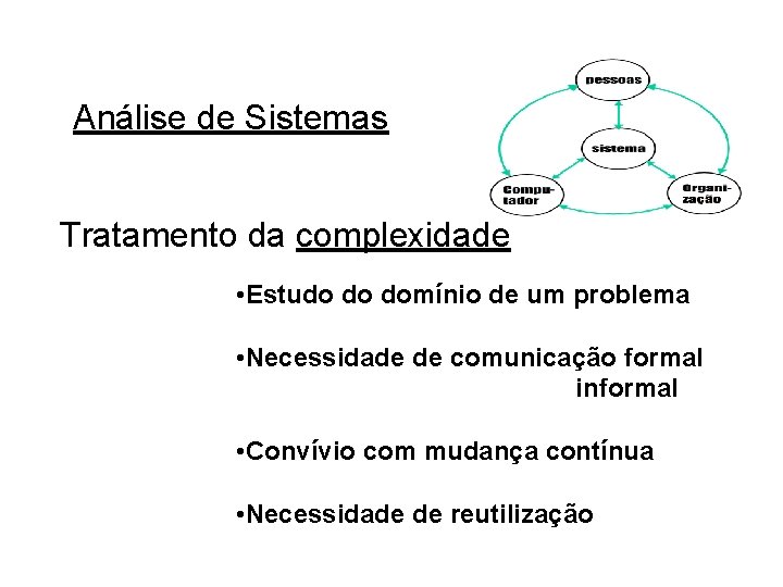 Análise de Sistemas Tratamento da complexidade • Estudo do domínio de um problema •