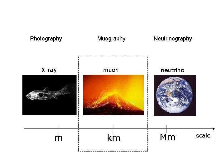 Photography X-ray m Muography Neutrinography muon neutrino km Mm scale 