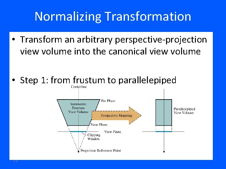 Normalizing Transformation • Transform an arbitrary perspective-projection view volume into the canonical view volume