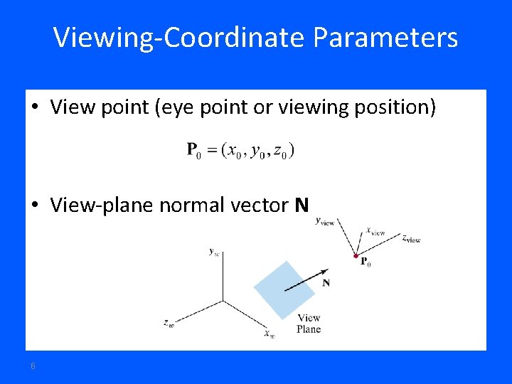 Viewing-Coordinate Parameters • View point (eye point or viewing position) • View-plane normal vector