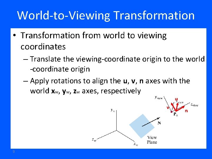 World-to-Viewing Transformation • Transformation from world to viewing coordinates – Translate the viewing-coordinate origin