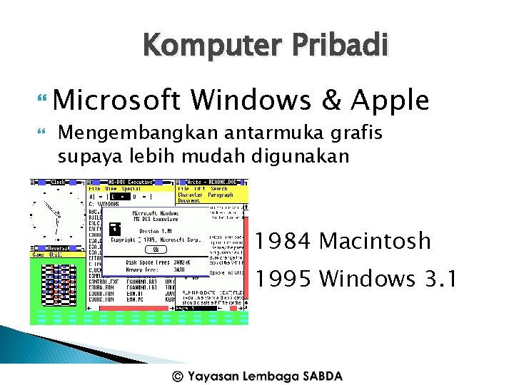 Komputer Pribadi Microsoft Windows & Apple Mengembangkan antarmuka grafis supaya lebih mudah digunakan 1984