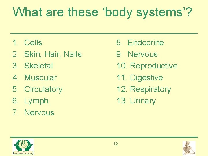 What are these ‘body systems’? 1. 2. 3. 4. 5. 6. 7. Cells Skin,