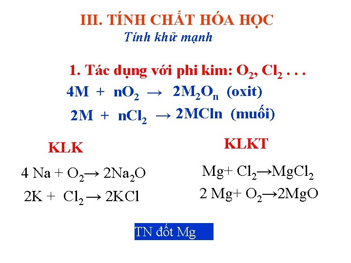 III. TÍNH CHẤT HÓA HỌC Tính khử mạnh 1. Tác dụng với phi kim: