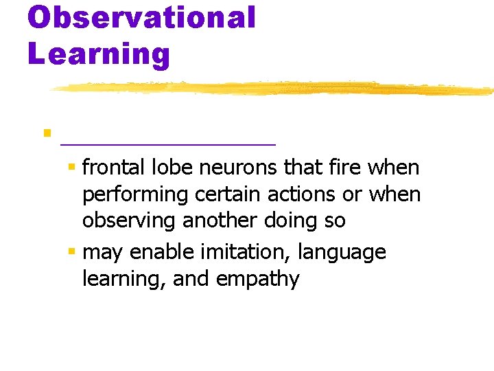 Observational Learning § ________ § frontal lobe neurons that fire when performing certain actions