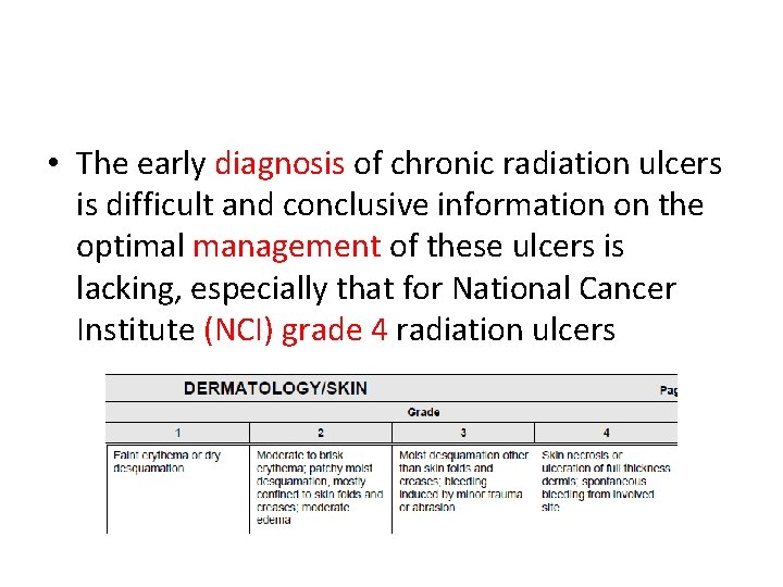  • The early diagnosis of chronic radiation ulcers is difficult and conclusive information
