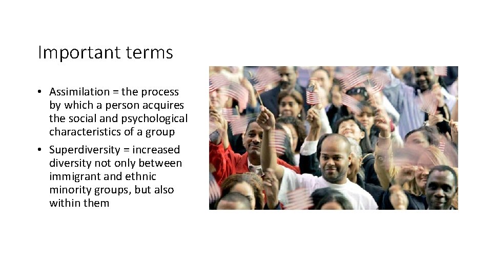 Important terms • Assimilation = the process by which a person acquires the social