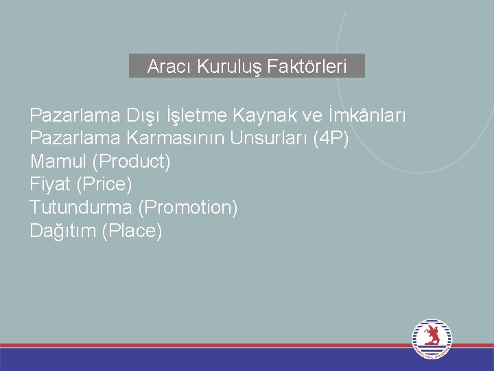 Aracı Kuruluş Faktörleri Pazarlama Dışı İşletme Kaynak ve İmkânları Pazarlama Karmasının Unsurları (4 P)