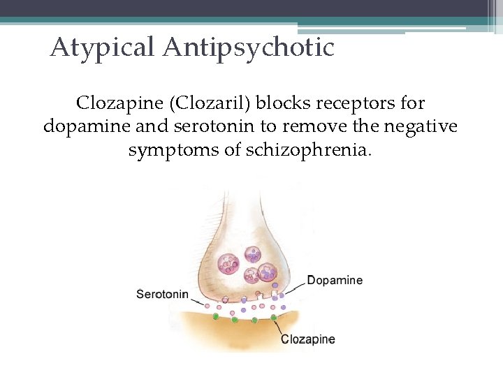 Atypical Antipsychotic Clozapine (Clozaril) blocks receptors for dopamine and serotonin to remove the negative