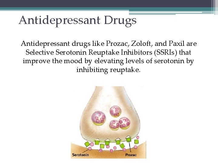 Antidepressant Drugs Antidepressant drugs like Prozac, Zoloft, and Paxil are Selective Serotonin Reuptake Inhibitors