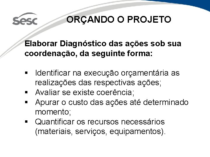 ORÇANDO O PROJETO Elaborar Diagnóstico das ações sob sua coordenação, da seguinte forma: §