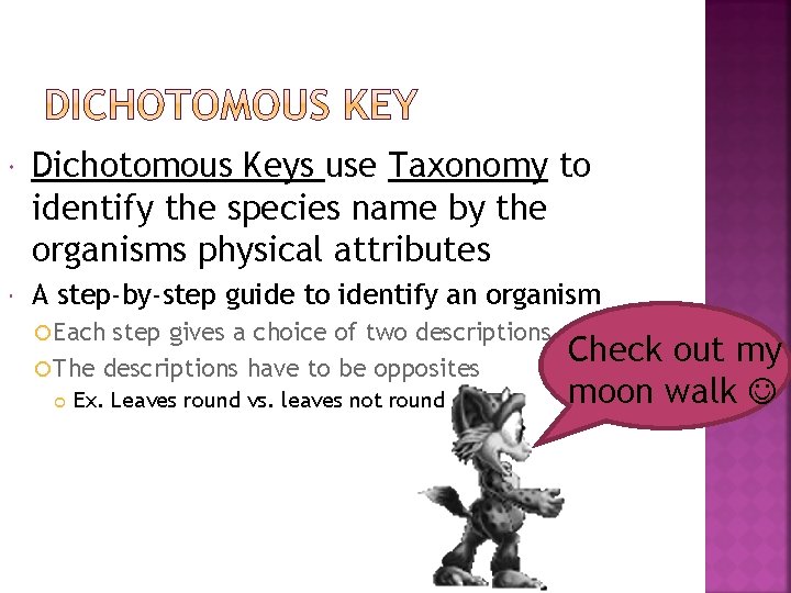  Dichotomous Keys use Taxonomy to identify the species name by the organisms physical