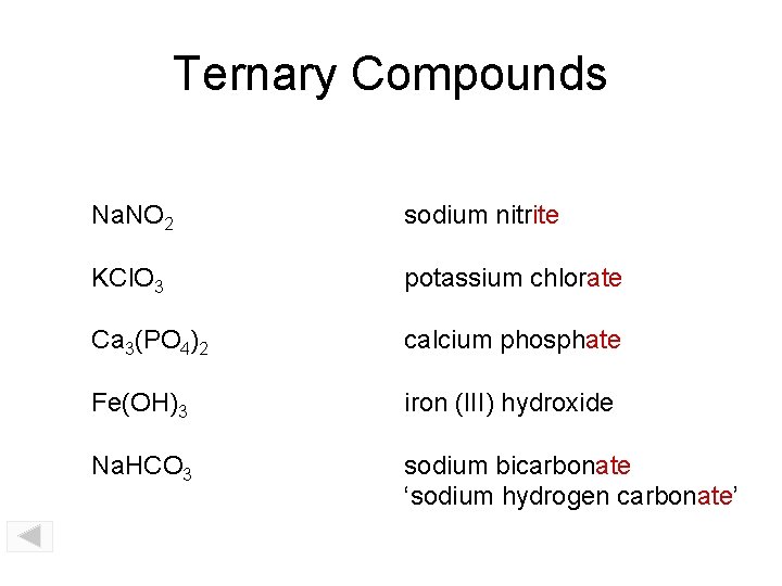 Ternary Compounds Na. NO 2 sodium nitrite KCl. O 3 potassium chlorate Ca 3(PO