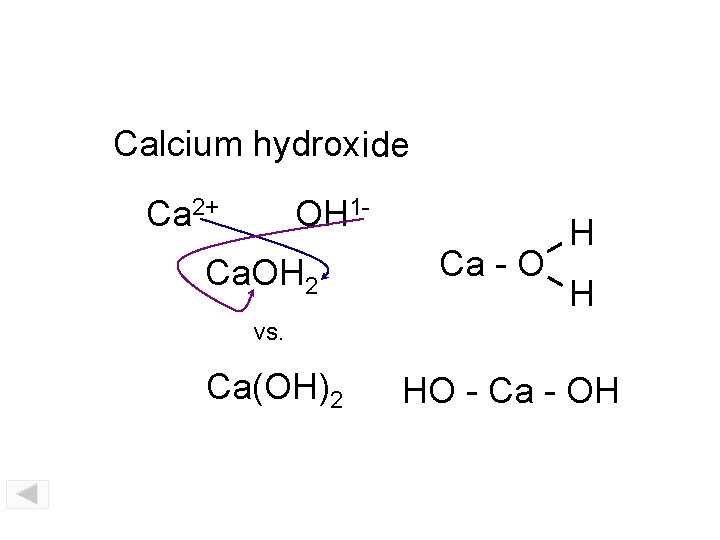 Calcium hydroxide Ca 2+ OH 1 - Ca. OH 2 Ca - O H