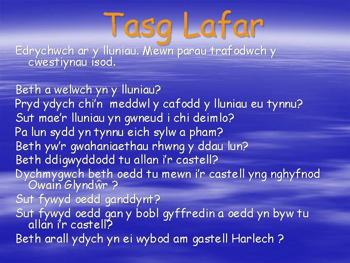 Tasg Lafar Edrychwch ar y lluniau. Mewn parau trafodwch y cwestiynau isod. Beth a