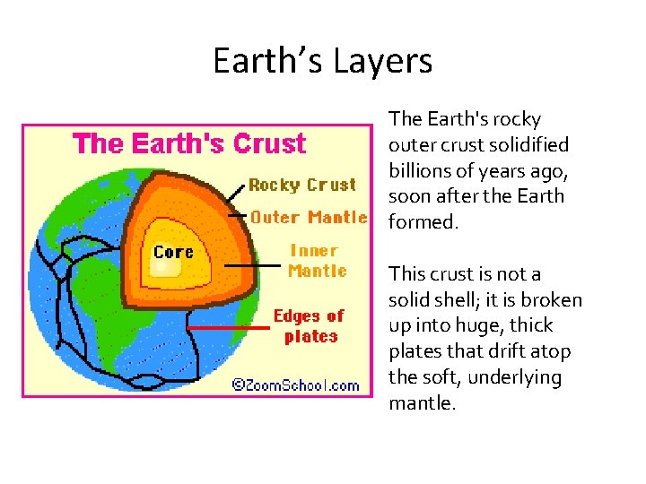 Earth’s Layers The Earth's rocky outer crust solidified billions of years ago, soon after