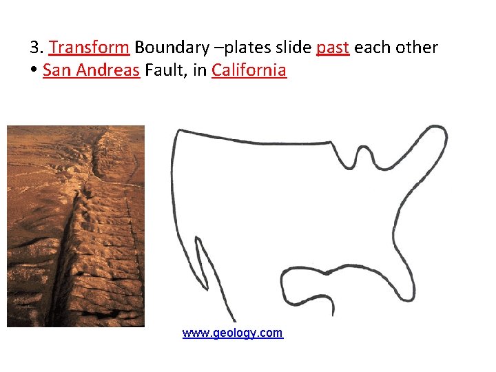 3. Transform Boundary –plates slide past each other San Andreas Fault, in California www.