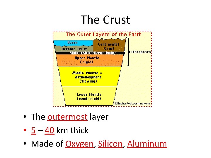 The Crust Middle • The outermost layer • 5 – 40 km thick •