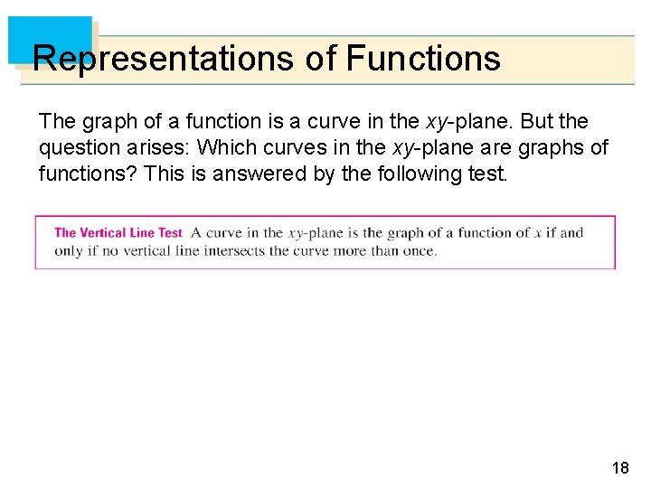 Representations of Functions The graph of a function is a curve in the xy-plane.