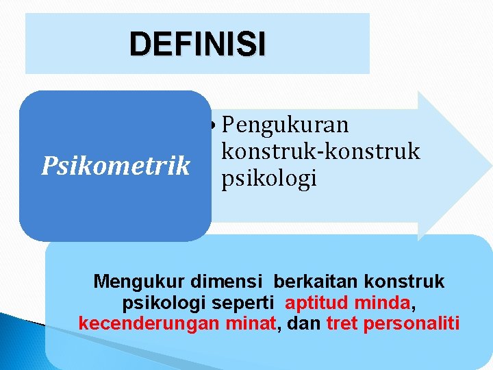 DEFINISI • Pengukuran konstruk-konstruk Psikometrik psikologi Mengukur dimensi berkaitan konstruk psikologi seperti aptitud minda,