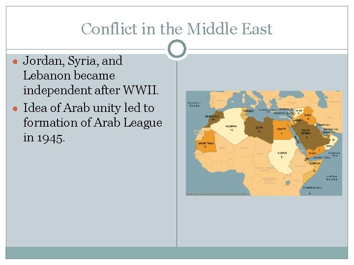 Conflict in the Middle East ● Jordan, Syria, and Lebanon became independent after WWII.
