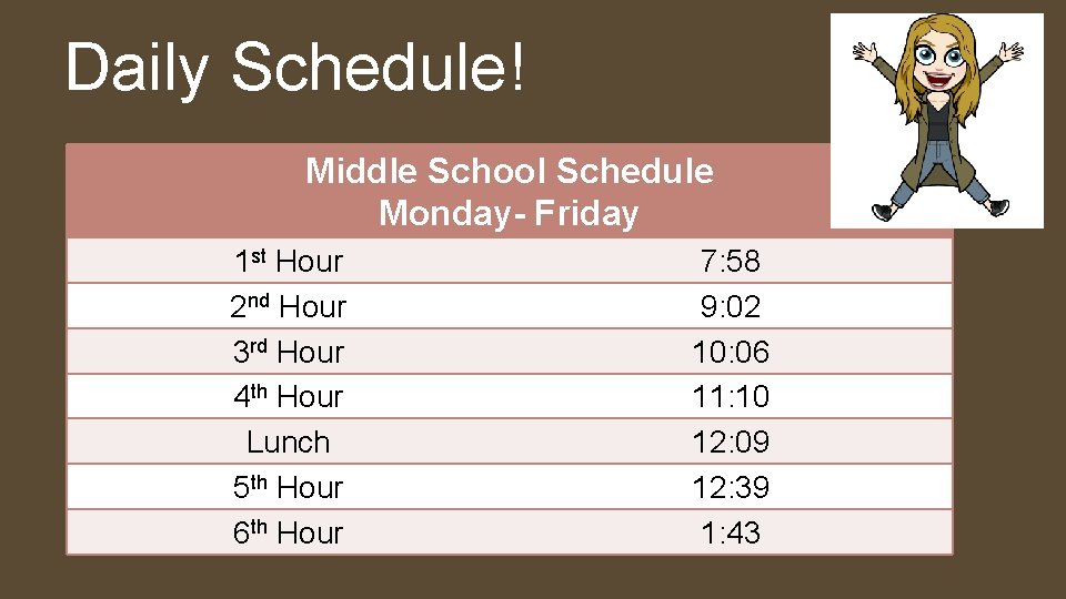 Daily Schedule! Middle School Schedule Monday- Friday 1 st Hour 2 nd Hour 3