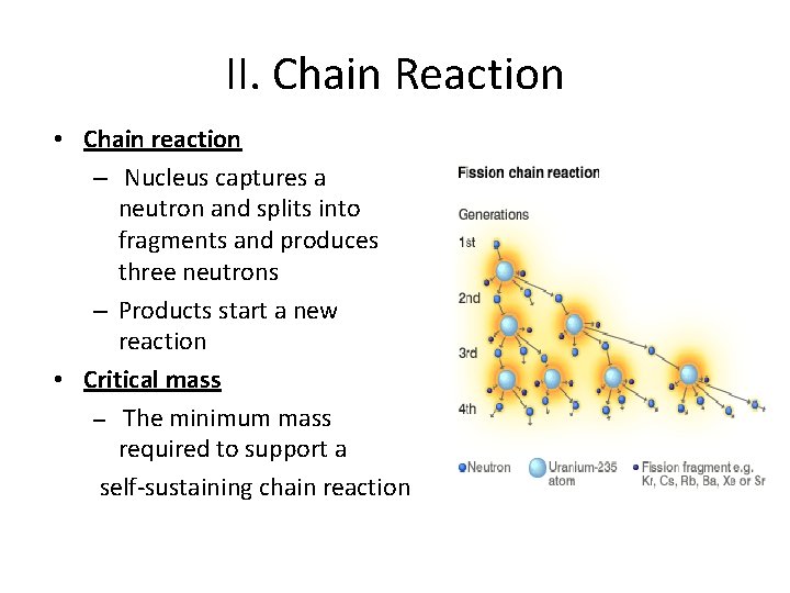 II. Chain Reaction • Chain reaction – Nucleus captures a neutron and splits into