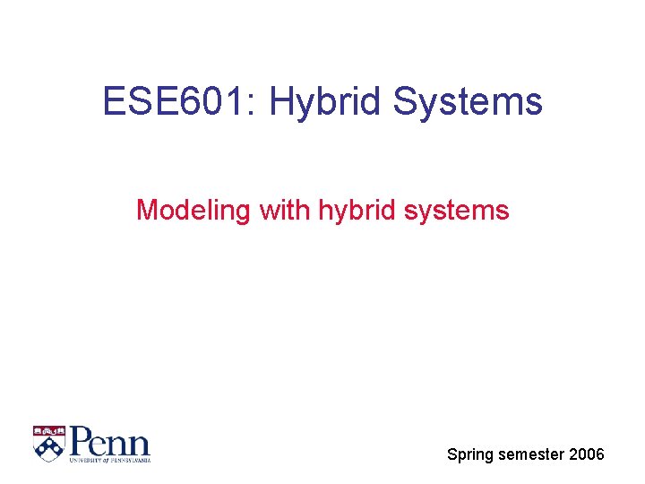 ESE 601: Hybrid Systems Modeling with hybrid systems Spring semester 2006 