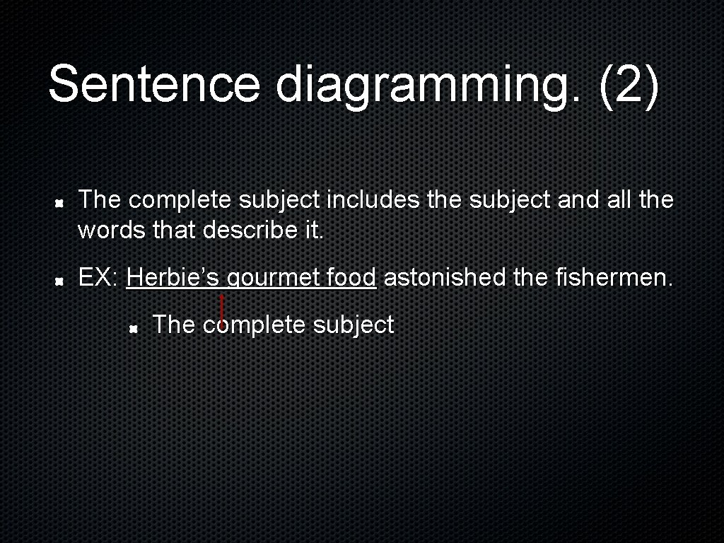 Sentence diagramming. (2) The complete subject includes the subject and all the words that