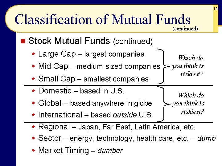 10 Classification of Mutual Funds (continued) n Stock Mutual Funds (continued) w Large Cap