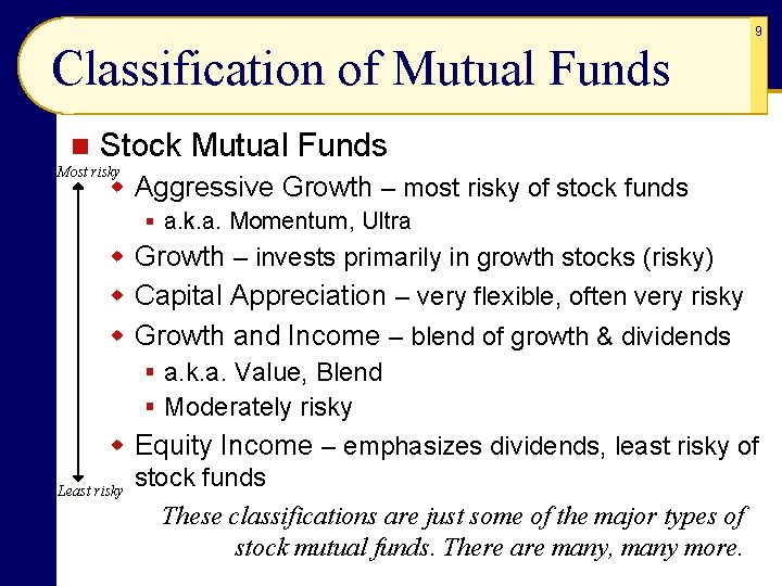 9 Classification of Mutual Funds n Stock Mutual Funds Most risky w Aggressive Growth