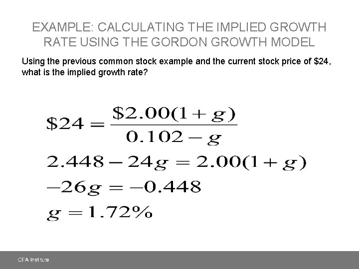 EXAMPLE: CALCULATING THE IMPLIED GROWTH RATE USING THE GORDON GROWTH MODEL Using the previous