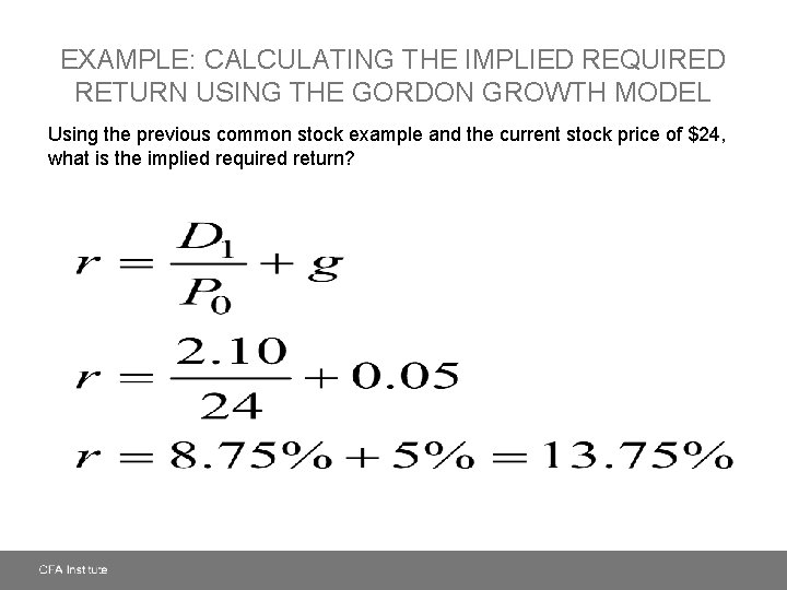 EXAMPLE: CALCULATING THE IMPLIED REQUIRED RETURN USING THE GORDON GROWTH MODEL Using the previous