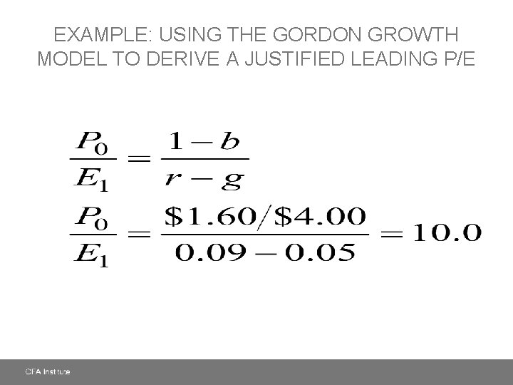 EXAMPLE: USING THE GORDON GROWTH MODEL TO DERIVE A JUSTIFIED LEADING P/E 