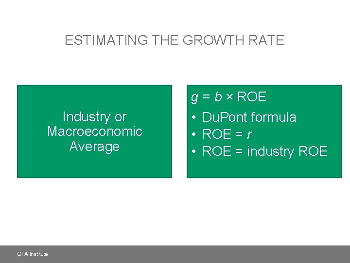 ESTIMATING THE GROWTH RATE g = b × ROE Industry or Macroeconomic Average •