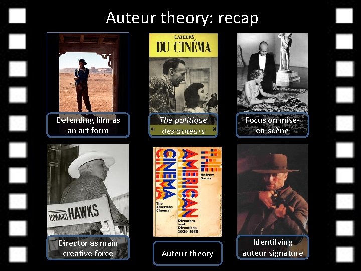 Auteur theory: recap Defending film as an art form Director as main creative force