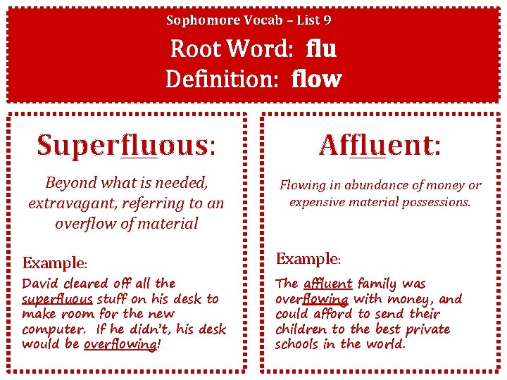 Sophomore Vocab – List 9 Root Word: flu Definition: flow Superfluous: Affluent: Beyond what