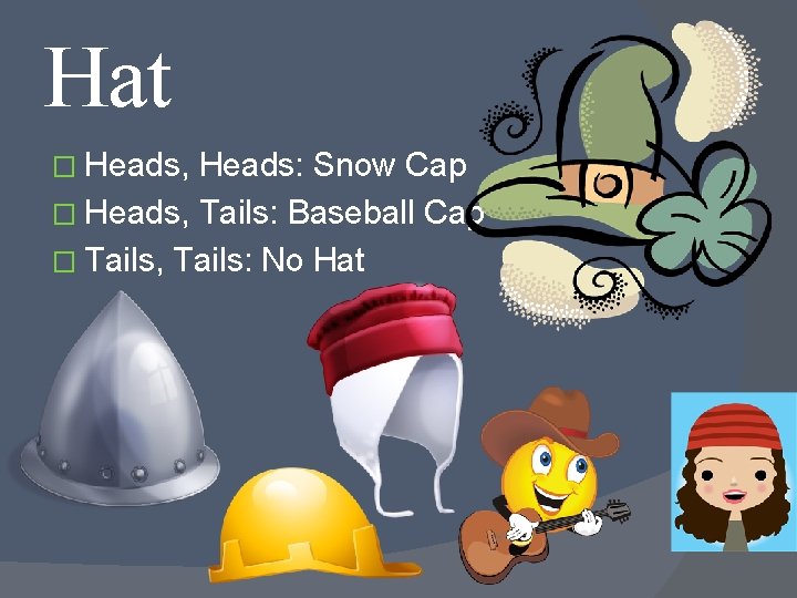 Hat � Heads, Heads: Snow Cap � Heads, Tails: Baseball Cap � Tails, Tails: