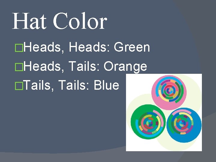 Hat Color �Heads, Heads: Green �Heads, Tails: Orange �Tails, Tails: Blue 