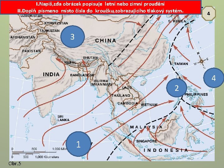 I. Napiš, zda obrázek popisuje letní nebo zimní proudění II. Doplň písmeno místo čísla