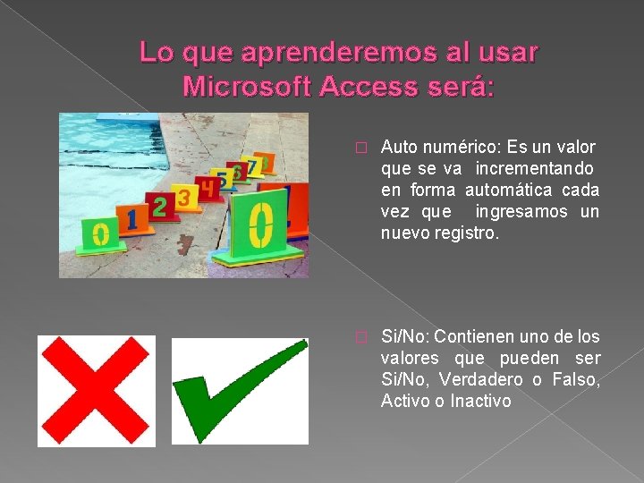 Lo que aprenderemos al usar Microsoft Access será: � Auto numérico: Es un valor