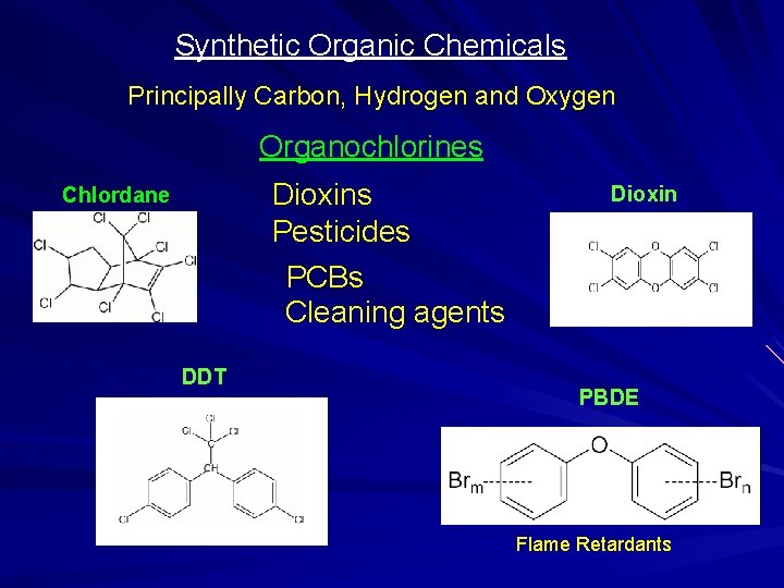 Synthetic Organic Chemicals Principally Carbon, Hydrogen and Oxygen Organochlorines Dioxins Pesticides Chlordane Dioxin PCBs