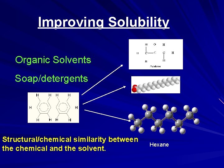 Improving Solubility Organic Solvents Soap/detergents Structural/chemical similarity between the chemical and the solvent. Hexane